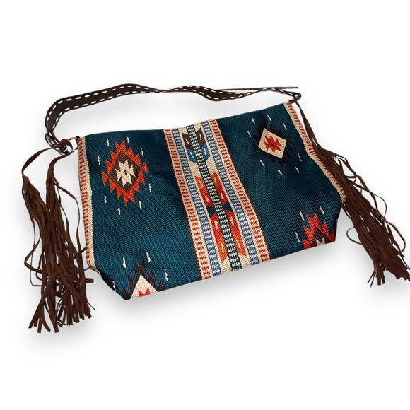 Southwestern Design Fringe Tassel Hobo Shoulder Bag Teal Blue Orange Tan Brown - Picture 5 of 6
